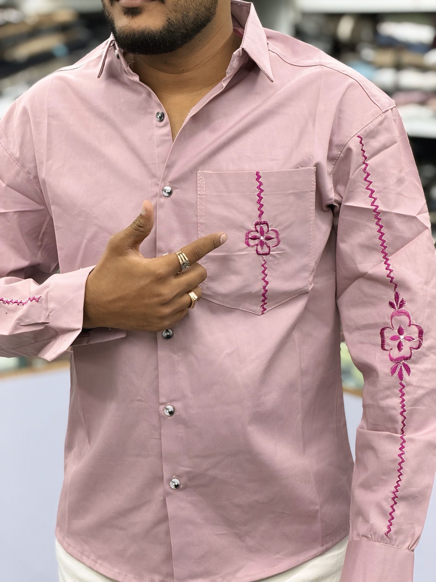 Men’s Dusty Pink Cotton Shirt with Embroidery Sleeve & Pocket Design – Premium Stylish Casual Shirt for Men