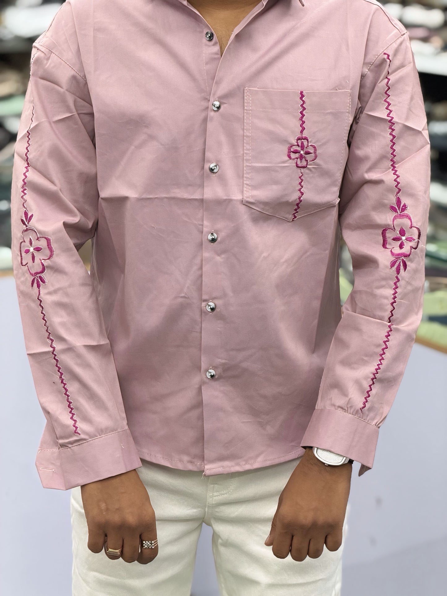Men’s Dusty Pink Cotton Shirt with Embroidery Sleeve & Pocket Design – Premium Stylish Casual Shirt for Men