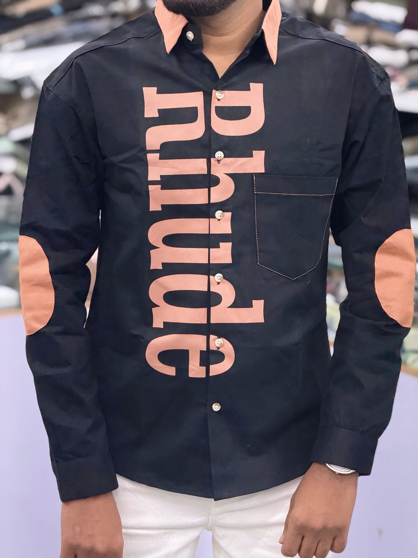 Men’s Black Typography Print Shirt with Contrast Design – Stylish Streetwear Casual Shirt for Men