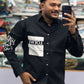 Men’s Black Contrast Panel Shirt with Typography Print – Stylish Streetwear Casual Shirt for Men