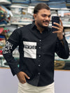 Men’s Black Contrast Panel Shirt with Typography Print – Stylish Streetwear Casual Shirt for Men