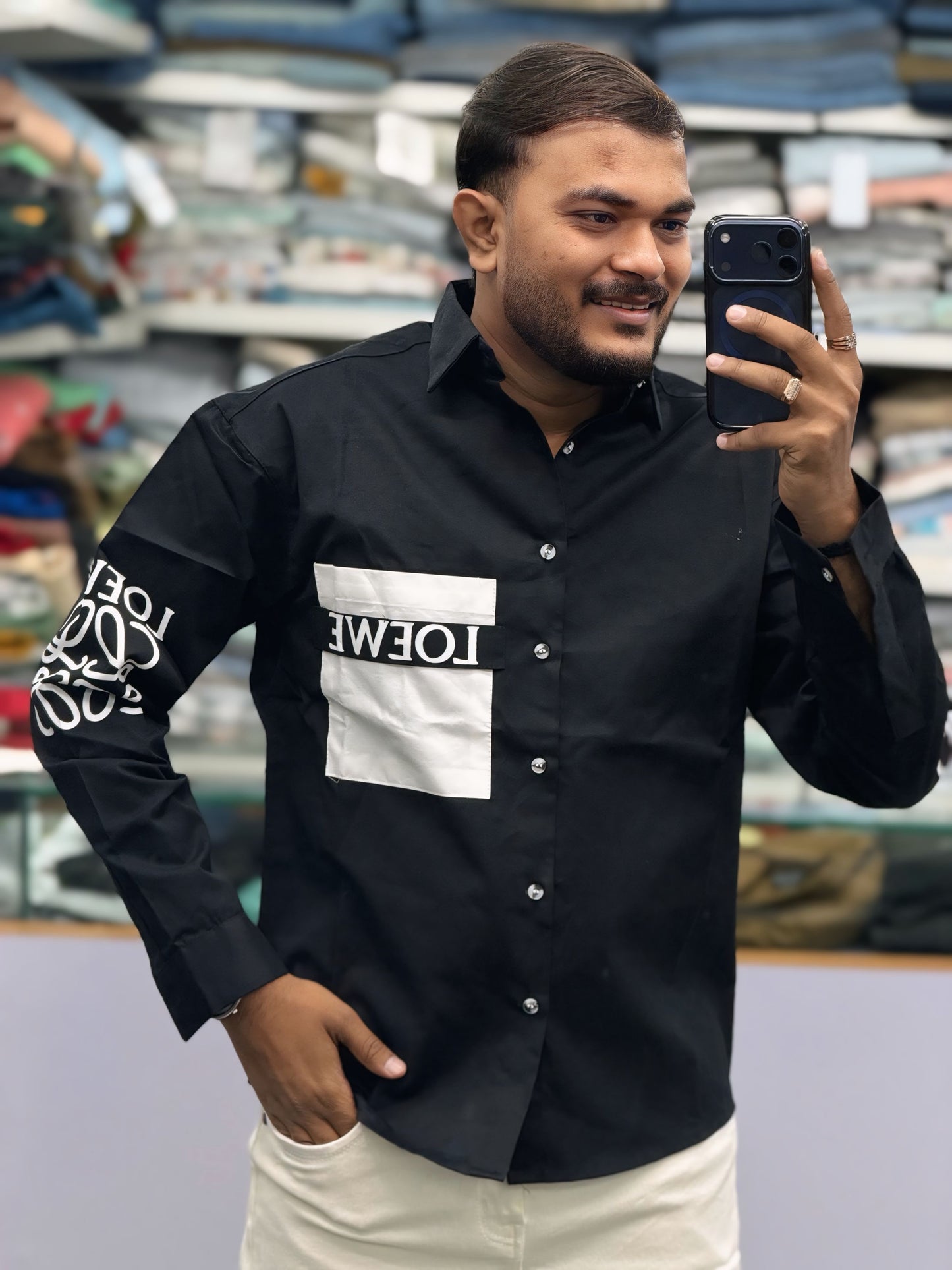 Men’s Black Contrast Panel Shirt with Typography Print – Stylish Streetwear Casual Shirt for Men
