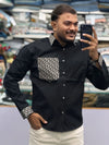 Men’s Black Designer Shirt with Pattern Pocket & Contrast Collar/Cuff – Premium Stylish Casual Shirt for Men