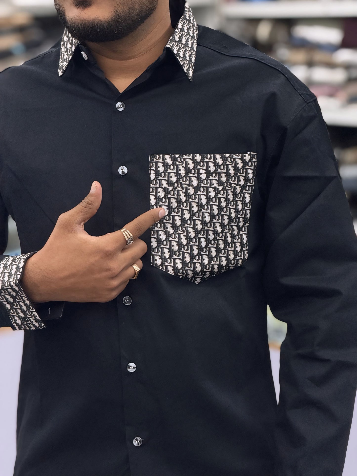 Men’s Black Designer Shirt with Pattern Pocket & Contrast Collar/Cuff – Premium Stylish Casual Shirt for Men