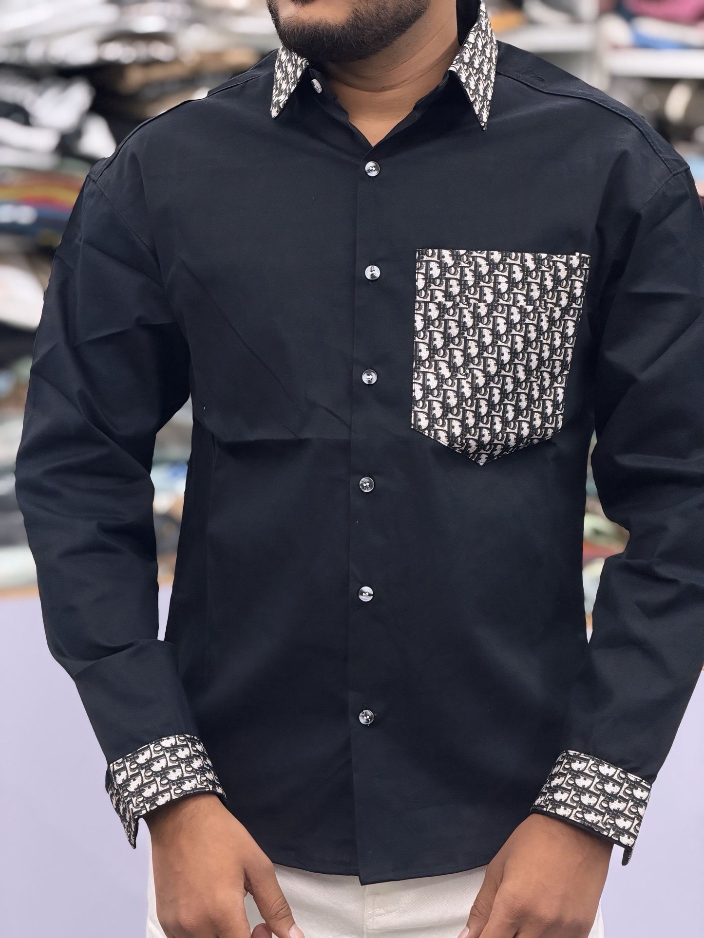 Men’s Black Designer Shirt with Pattern Pocket & Contrast Collar/Cuff – Premium Stylish Casual Shirt for Men