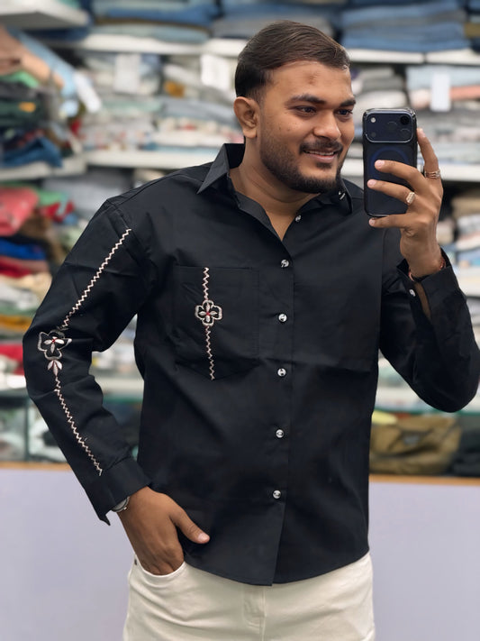 Men’s Black Embroidered Shirt with Sleeve & Pocket Design – Premium Stylish Casual Shirt for Men