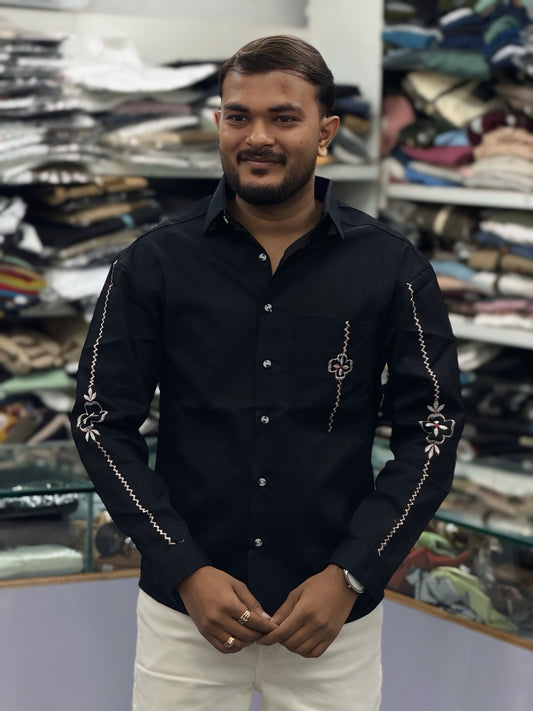 Men’s Black Embroidered Shirt with Sleeve & Pocket Design – Premium Stylish Casual Shirt for Men