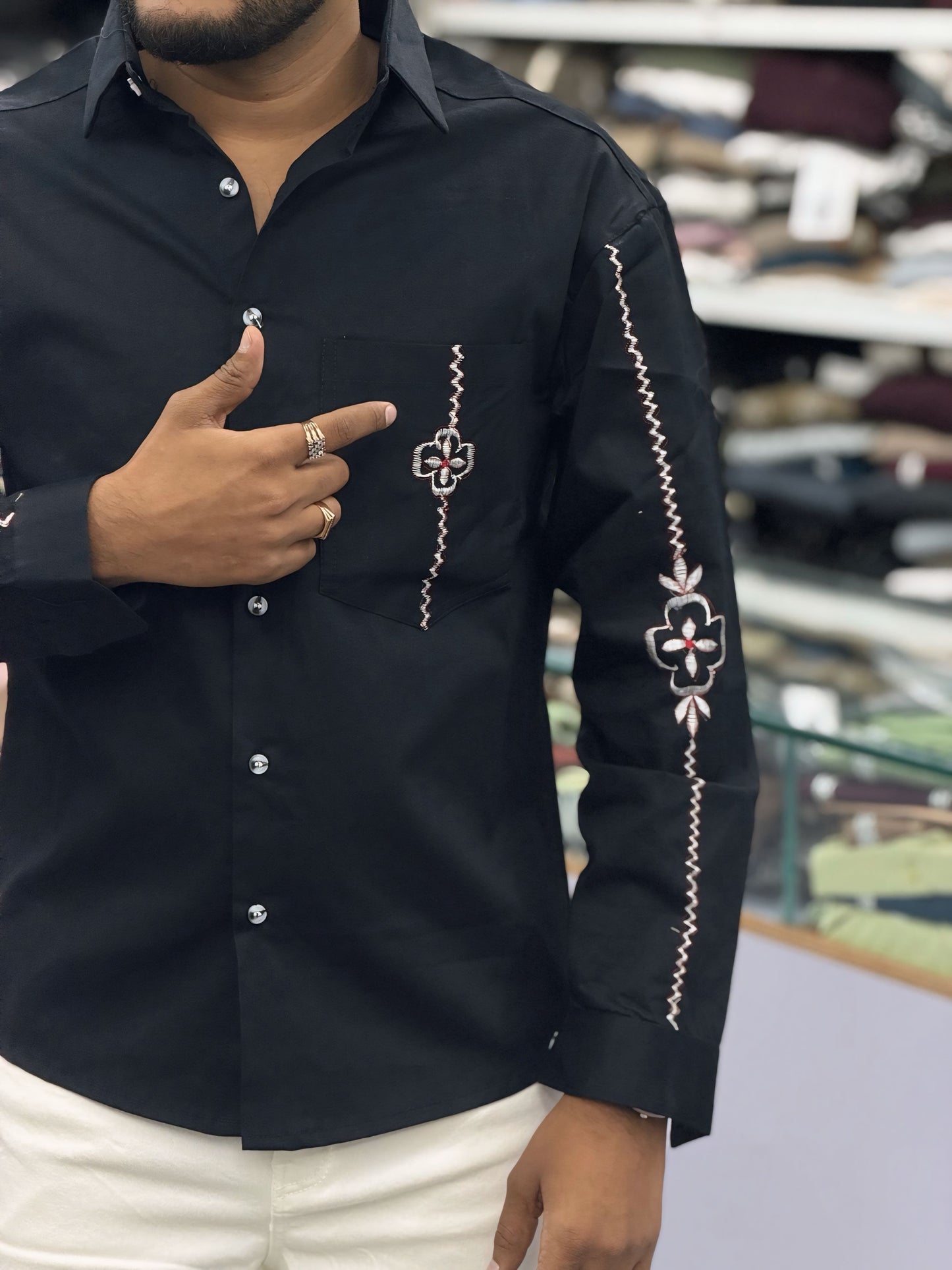 Men’s Black Embroidered Shirt with Sleeve & Pocket Design – Premium Stylish Casual Shirt for Men