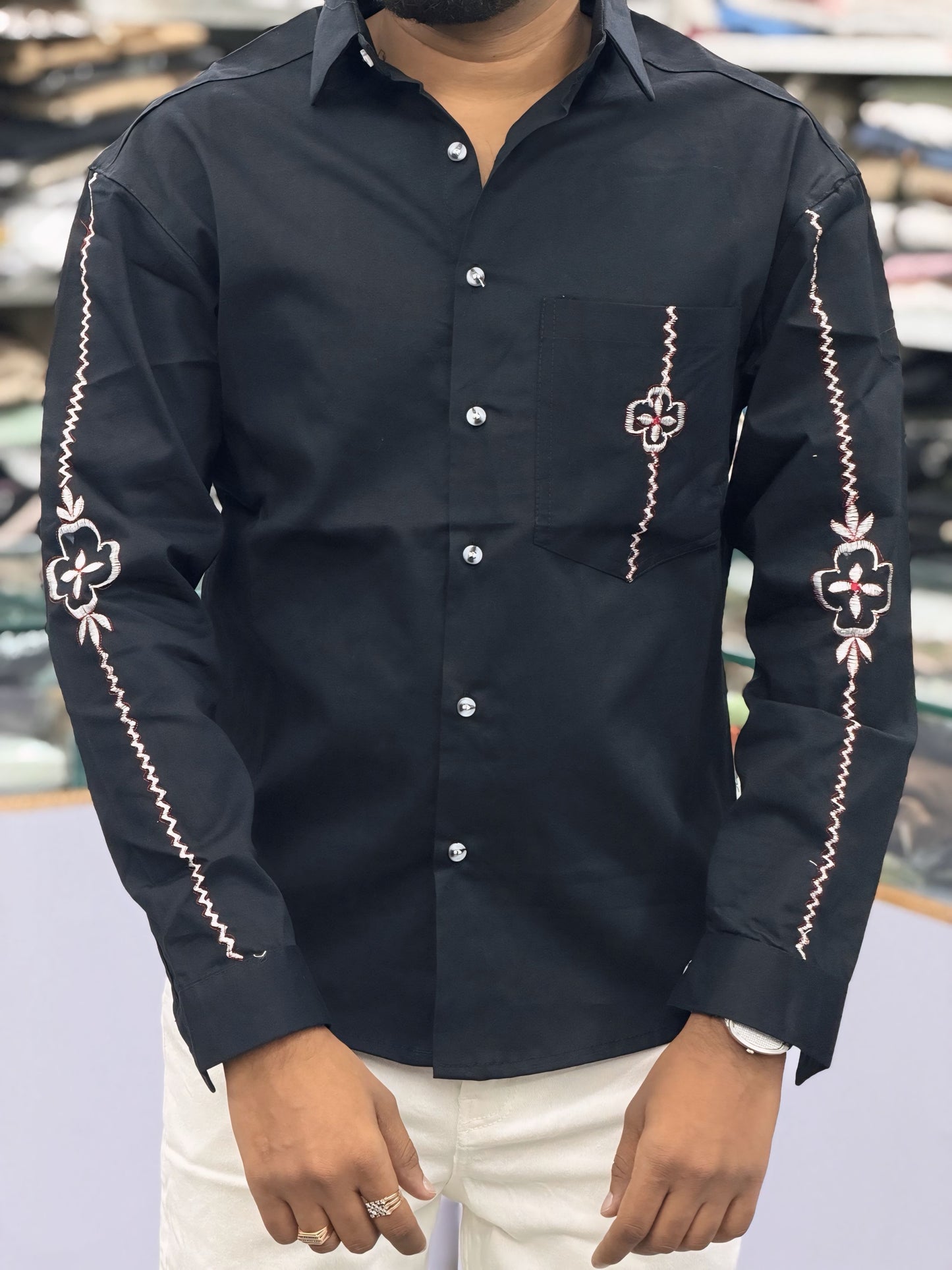 Men’s Black Embroidered Shirt with Sleeve & Pocket Design – Premium Stylish Casual Shirt for Men