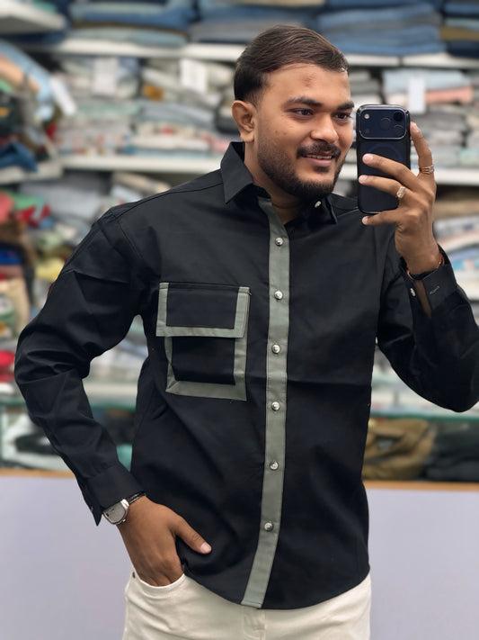 Men’s Black Contrast Piping Shirt with Utility Pocket – Modern Stylish Casual Shirt for Men