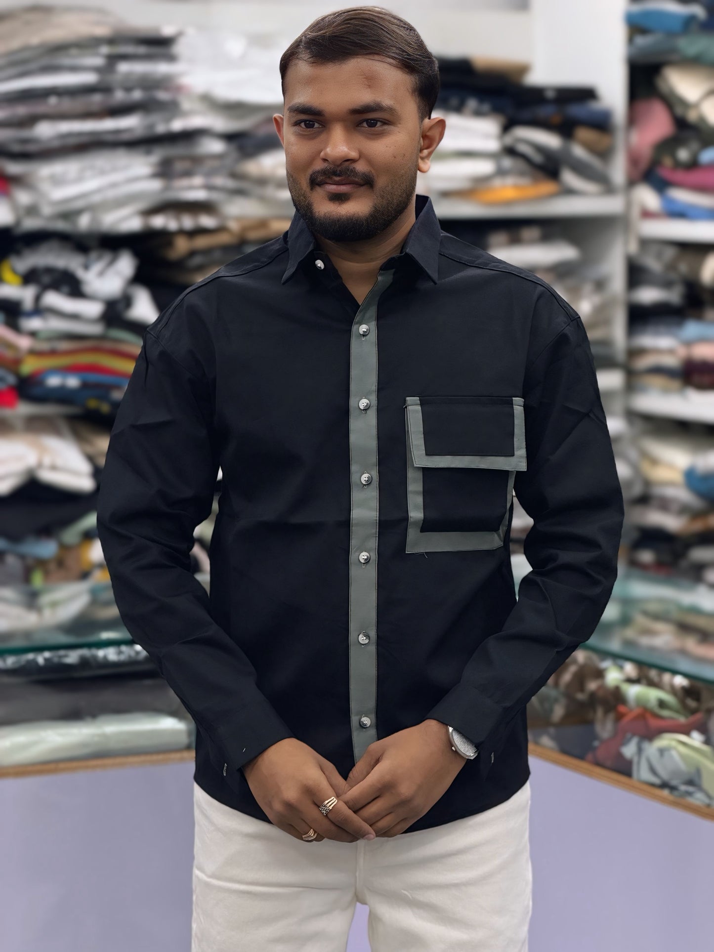 Men’s Black Contrast Piping Shirt with Utility Pocket – Modern Stylish Casual Shirt for Men