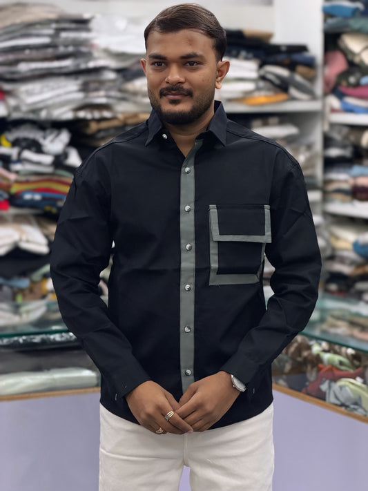 Men’s Black Contrast Piping Shirt with Utility Pocket – Modern Stylish Casual Shirt for Men