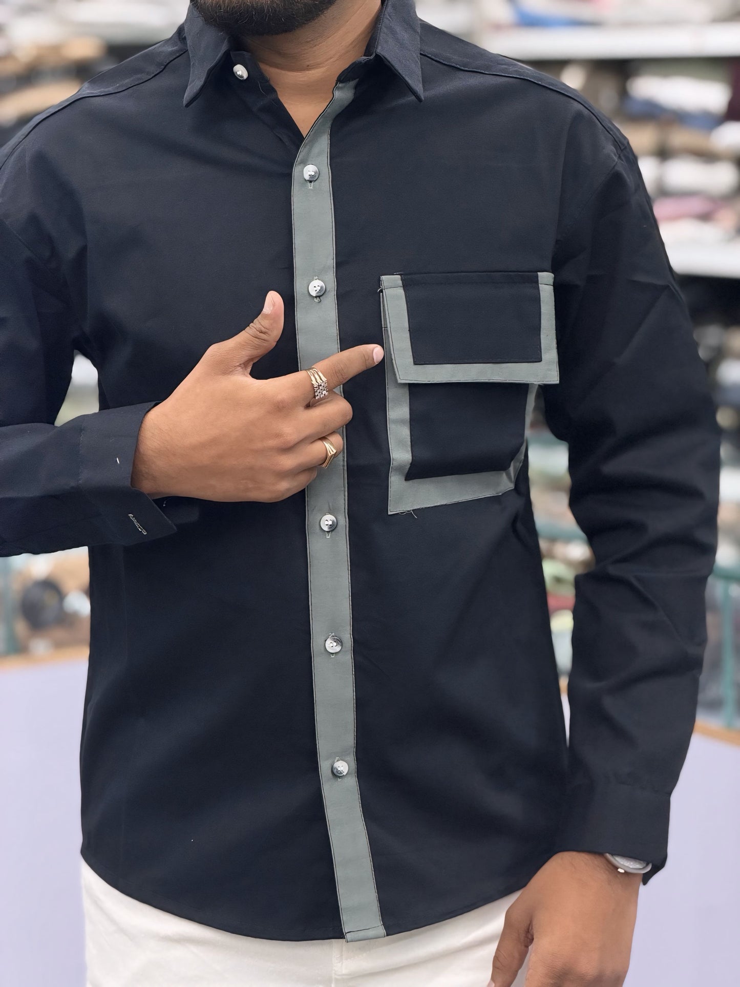Men’s Black Contrast Piping Shirt with Utility Pocket – Modern Stylish Casual Shirt for Men