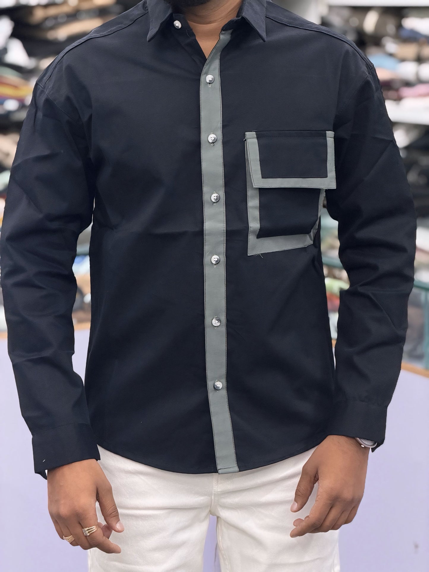 Men’s Black Contrast Piping Shirt with Utility Pocket – Modern Stylish Casual Shirt for Men