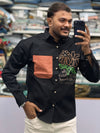 Men’s Black Graphic Print Shirt with Contrast Pocket – Stylish Floral Casual Shirt for Men
