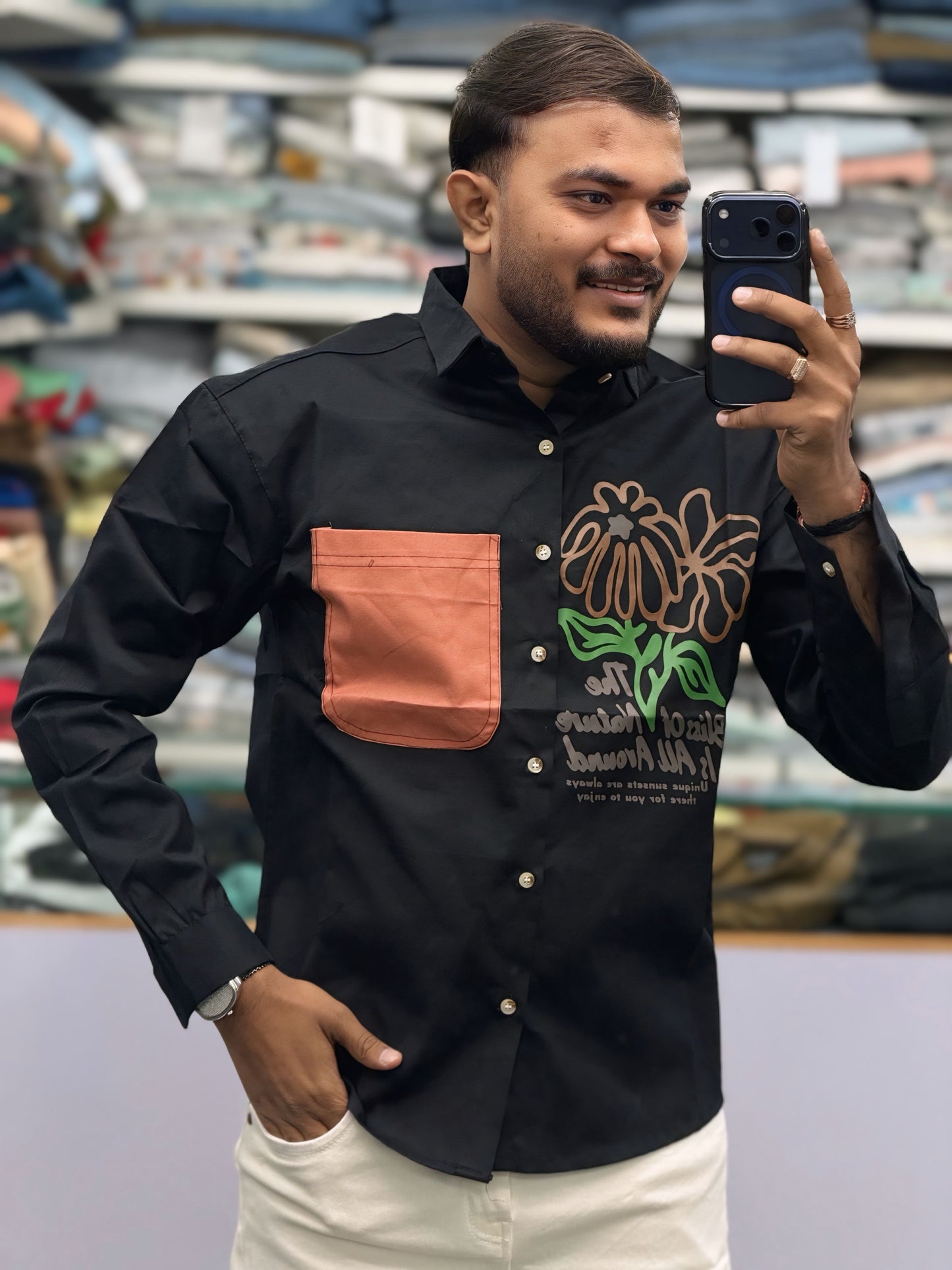 Men’s Black Graphic Print Shirt with Contrast Pocket – Stylish Floral Casual Shirt for Men