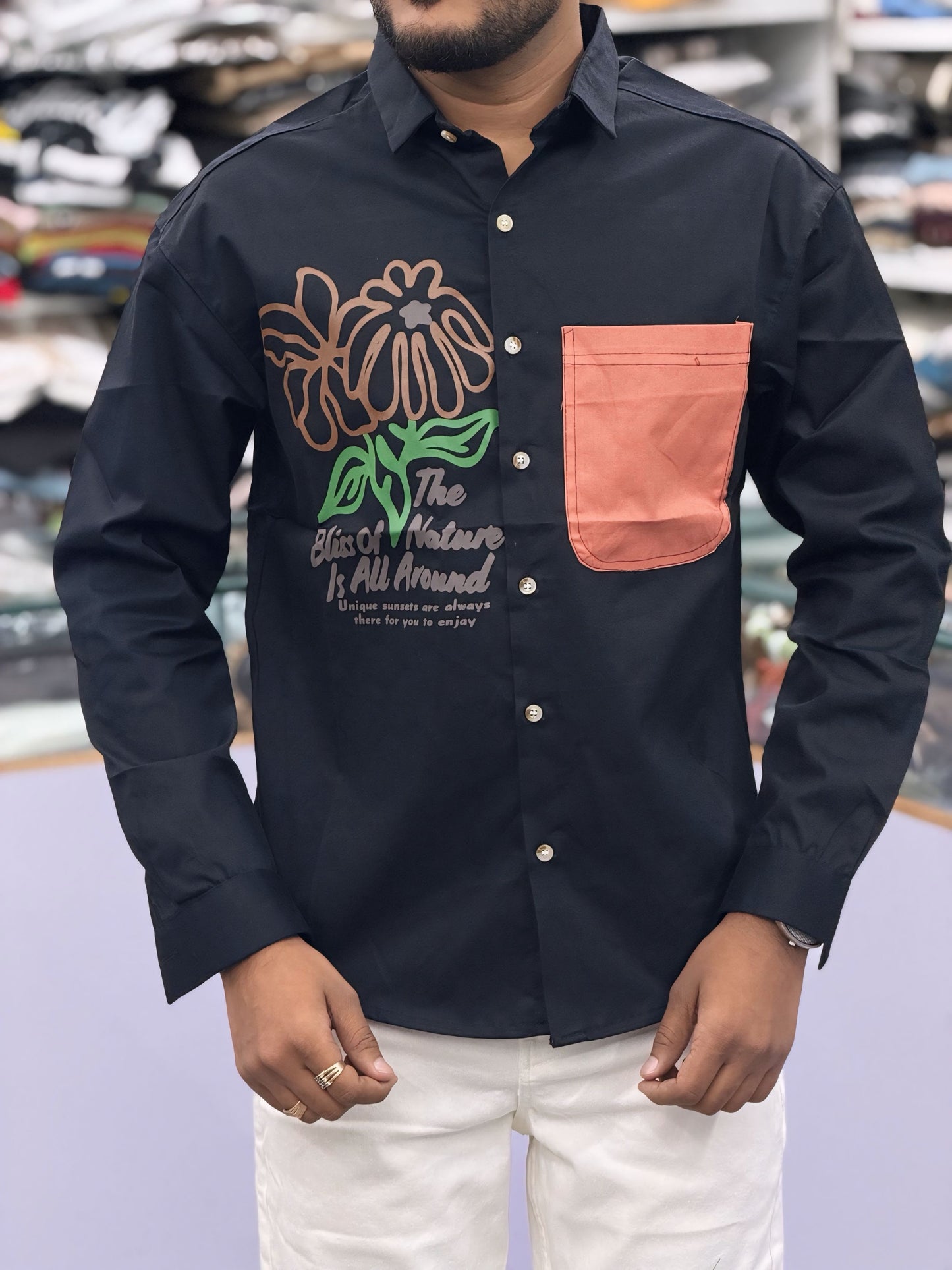 Men’s Black Graphic Print Shirt with Contrast Pocket – Stylish Floral Casual Shirt for Men