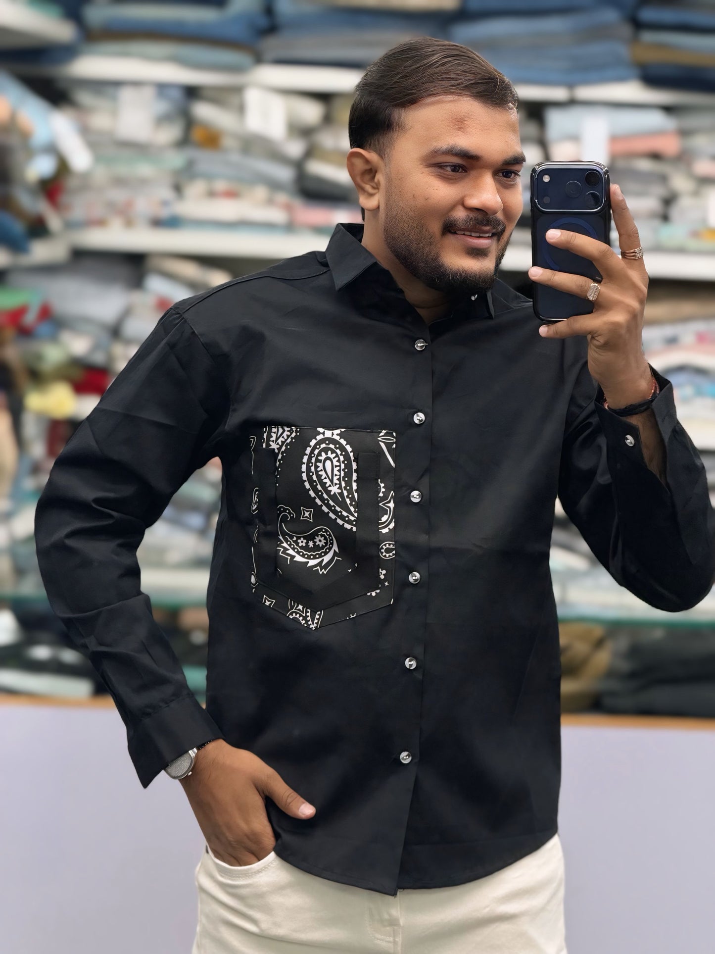 Men’s Black Paisley Pocket Shirt – Stylish Printed Casual Shirt for Men