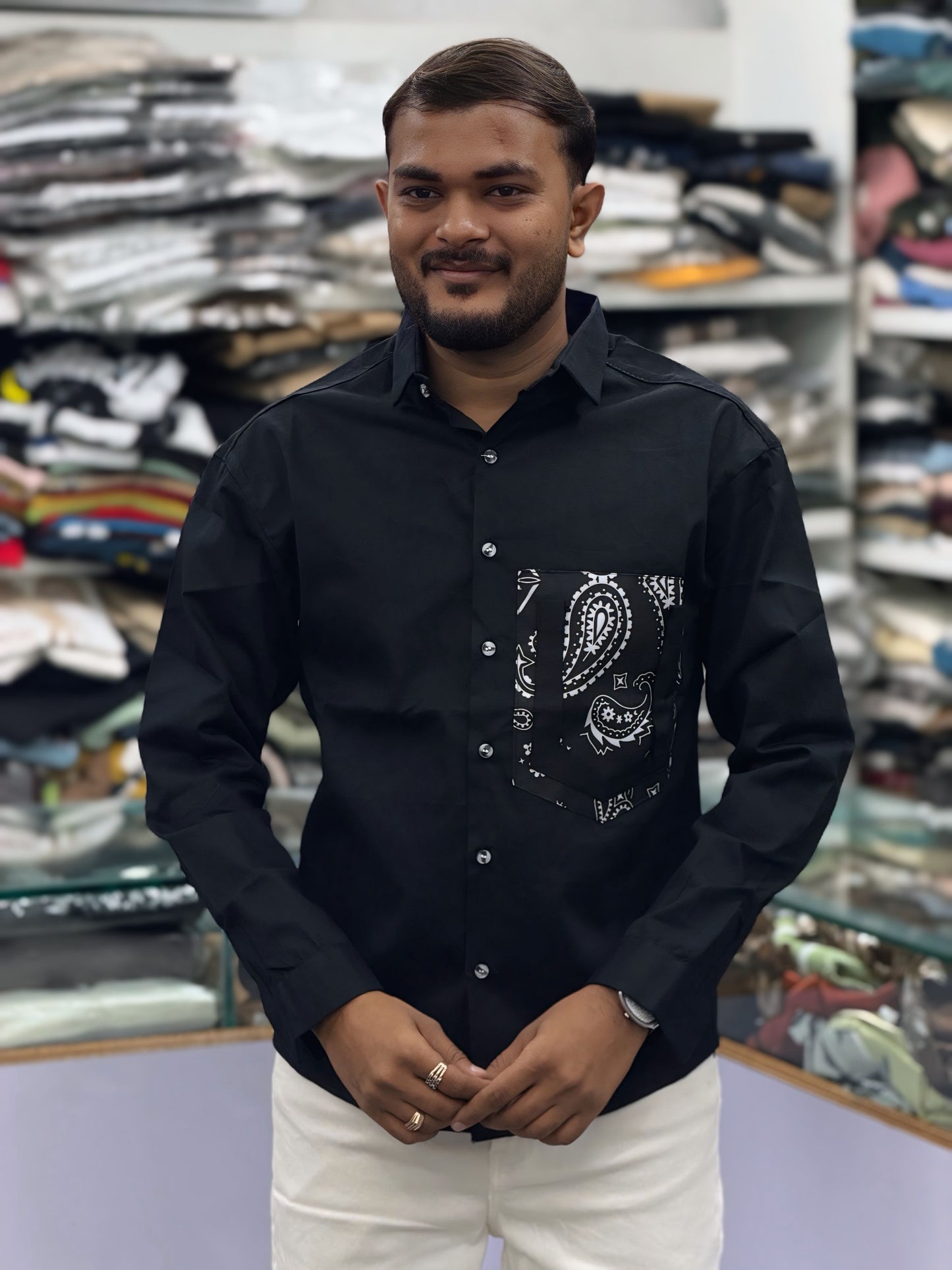 Men’s Black Paisley Pocket Shirt – Stylish Printed Casual Shirt for Men
