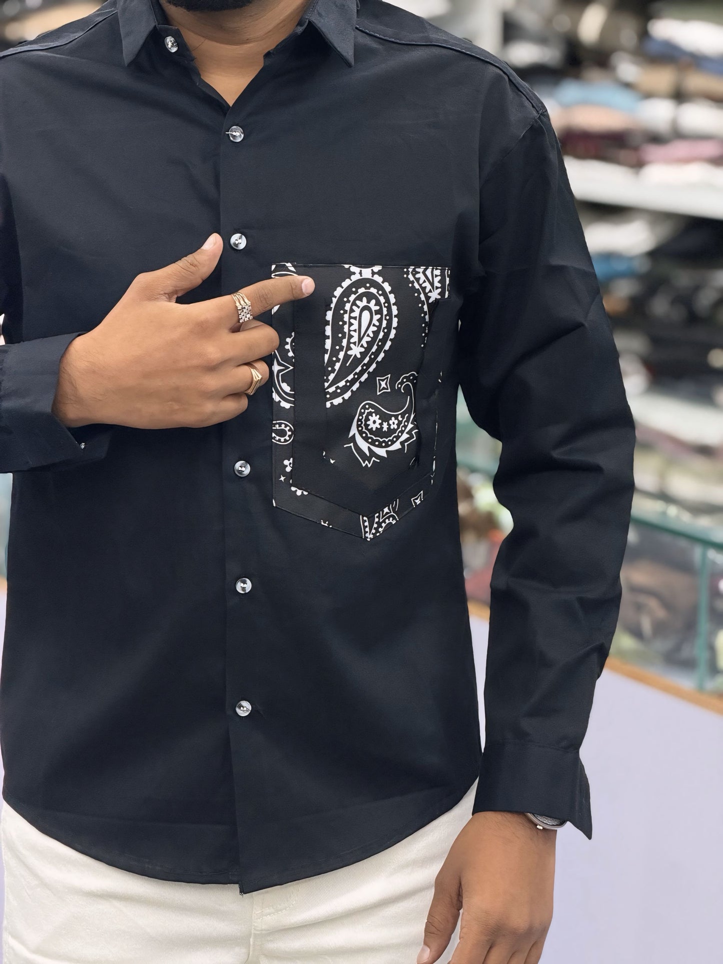 Men’s Black Paisley Pocket Shirt – Stylish Printed Casual Shirt for Men