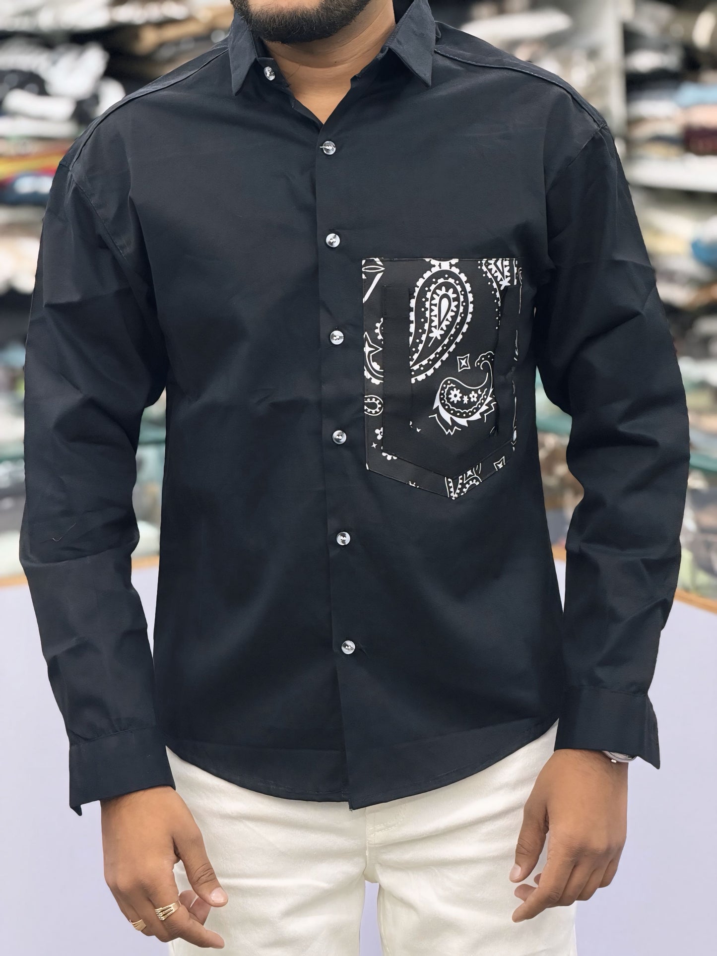 Men’s Black Paisley Pocket Shirt – Stylish Printed Casual Shirt for Men