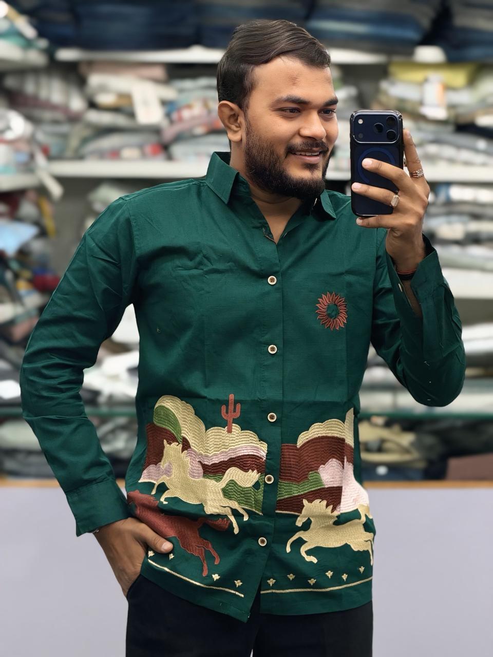 RUN HORSE FULL EMBROIDERY SHIRT - GREEN