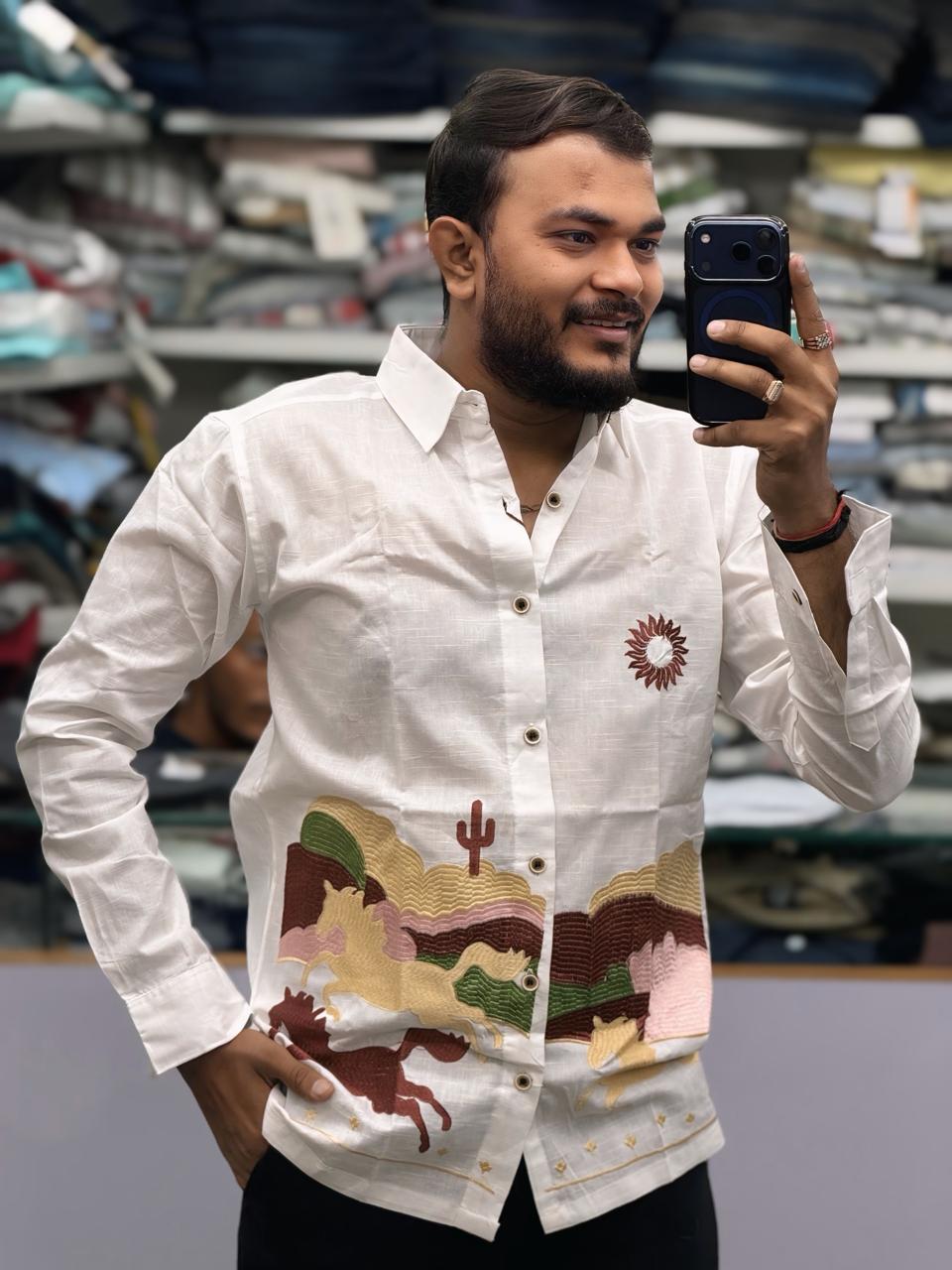 RUN HORSE FULL EMBROIDERY SHIRT - WHITE