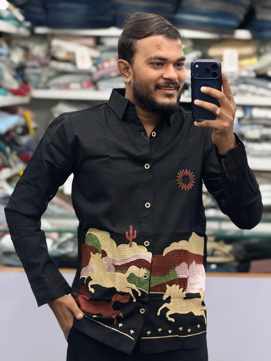 RUN HORSE FULL EMBROIDERY SHIRT - BLACK