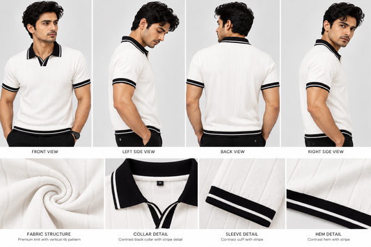 Men's Premium White Textured Polo T-Shirt with Black Collar & Contrast Trim