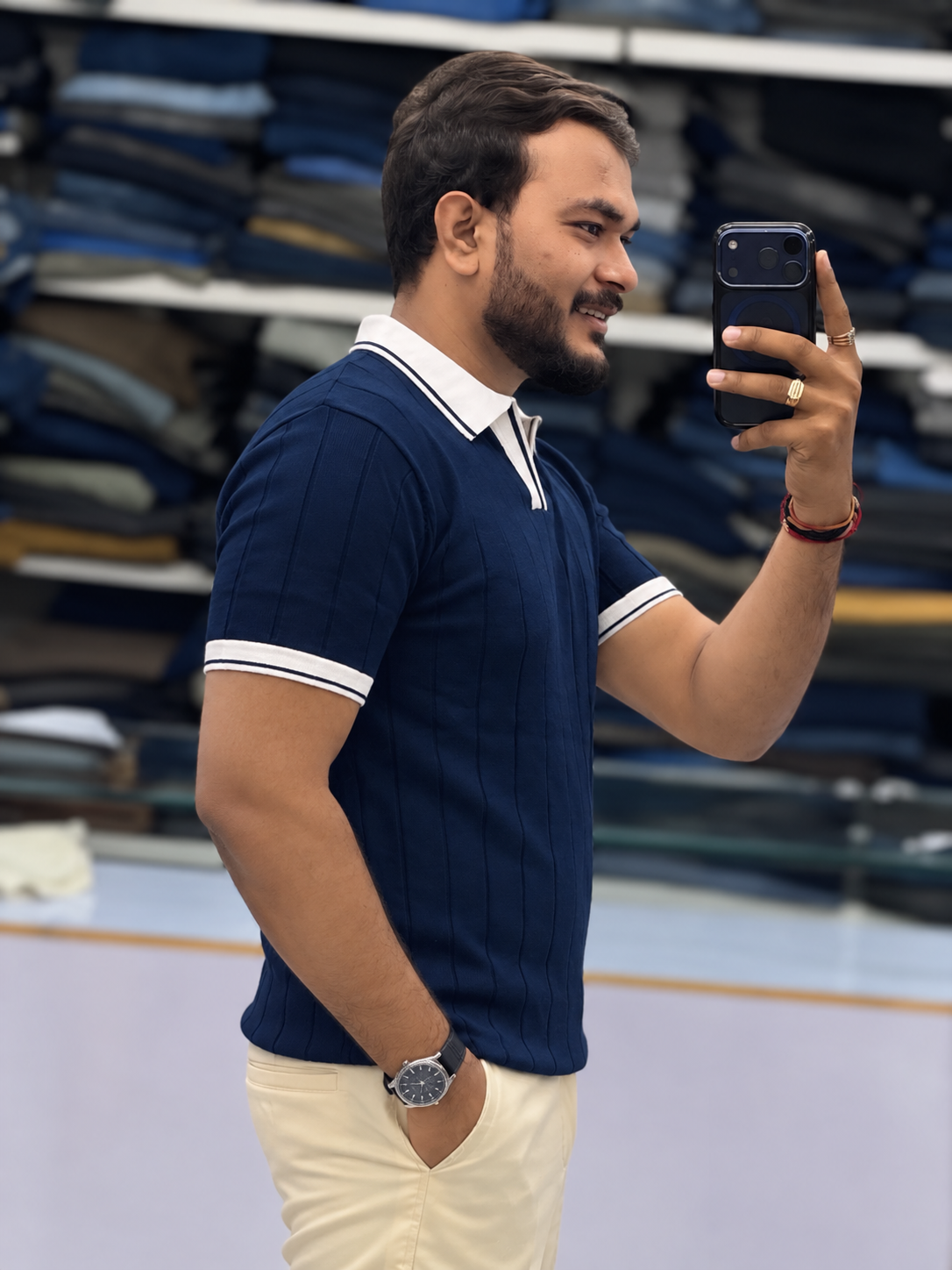 Men's Premium Navy Blue Ribbed Polo T-Shirt with White Contrast Collar and Sleeve Details