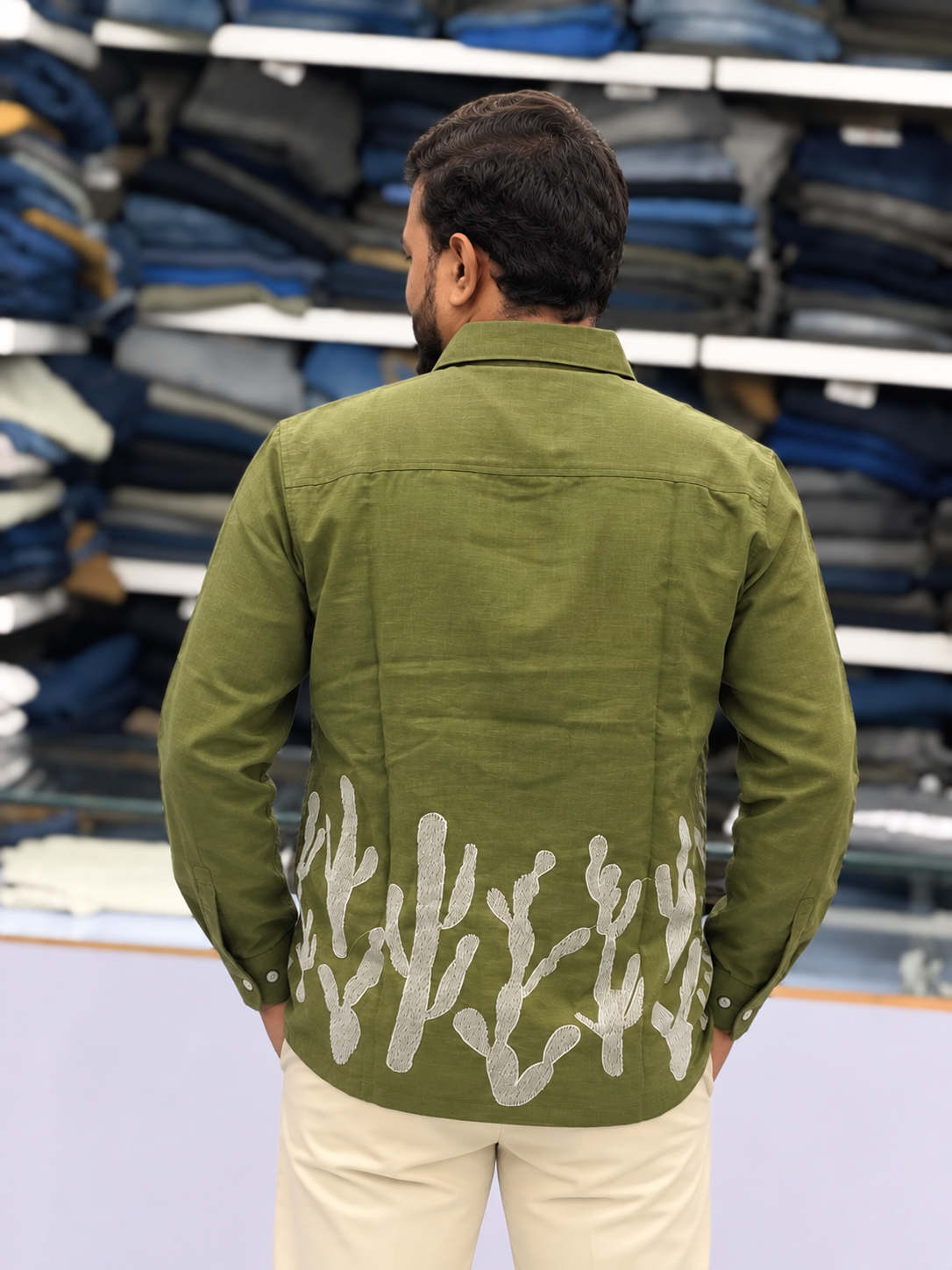 Men’s Olive Green Cactus Embroidered Slub Kurta Shirt | Textured Festive Ethnic Wear