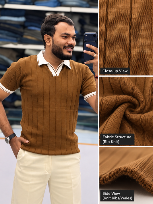 Men's Premium Brown Ribbed Polo T-Shirt with White Contrast Collar and Sleeve Details