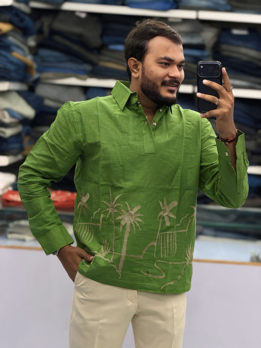 Men’s Leaf Green Tropical Landscape Embroidered Kurta | Contemporary Festive Shirt Style