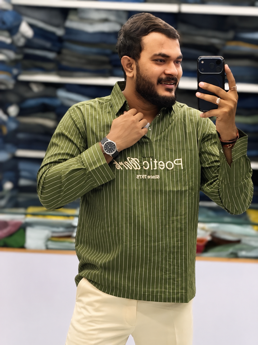 Men's Olive Green Striped Kurta Shirt – Stylish Full Sleeve Ethnic Casual Wear