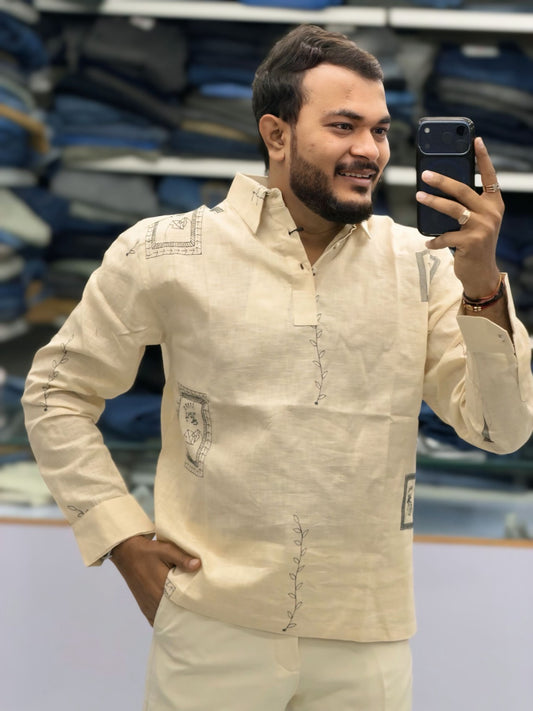 Men’s Ivory Cream Printed Kurta Shirt | Contemporary Ethnic Wear with Artistic Detailing