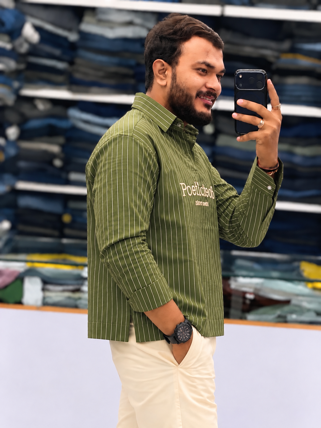 Men's Olive Green Striped Kurta Shirt – Stylish Full Sleeve Ethnic Casual Wear