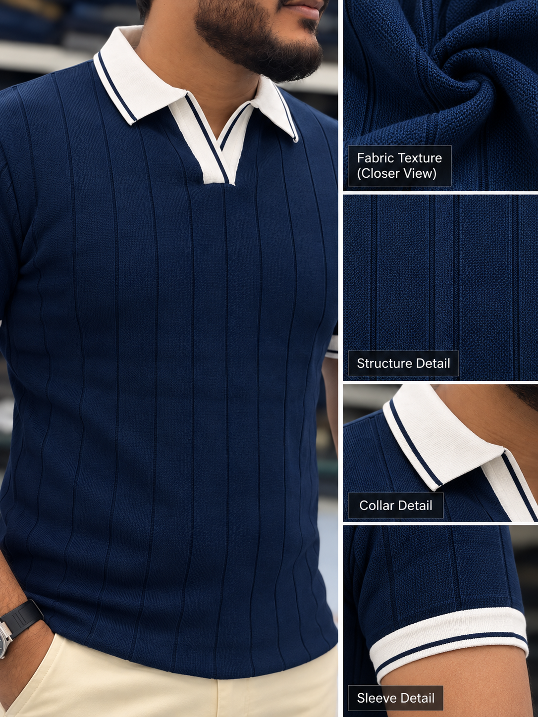 Men's Premium Navy Blue Ribbed Polo T-Shirt with White Contrast Collar and Sleeve Details