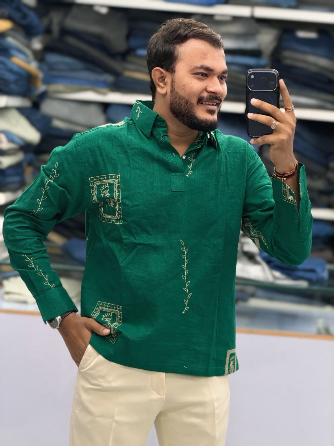 Men's Premium Green Embroidered Kurta Shirt | Stylish Ethnic Wear for Men