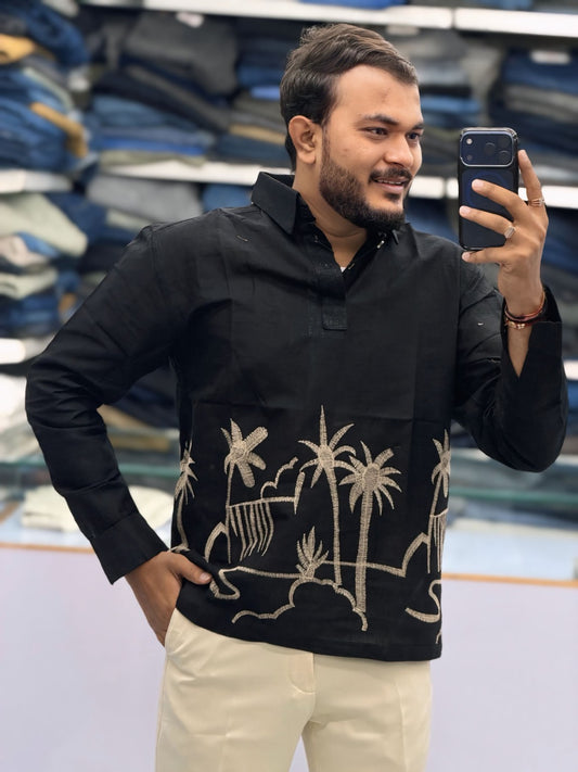 Men’s Midnight Black Tropical Palm Embroidered Kurta | Bold Contemporary Ethnic Wear