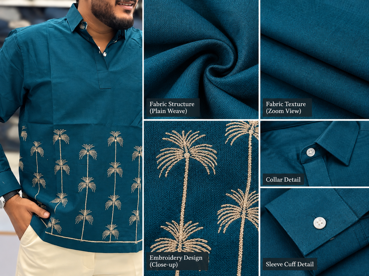 Men’s Teal Blue Palm Embroidered Kurta Shirt | Modern Resort-Inspired Ethnic Wear