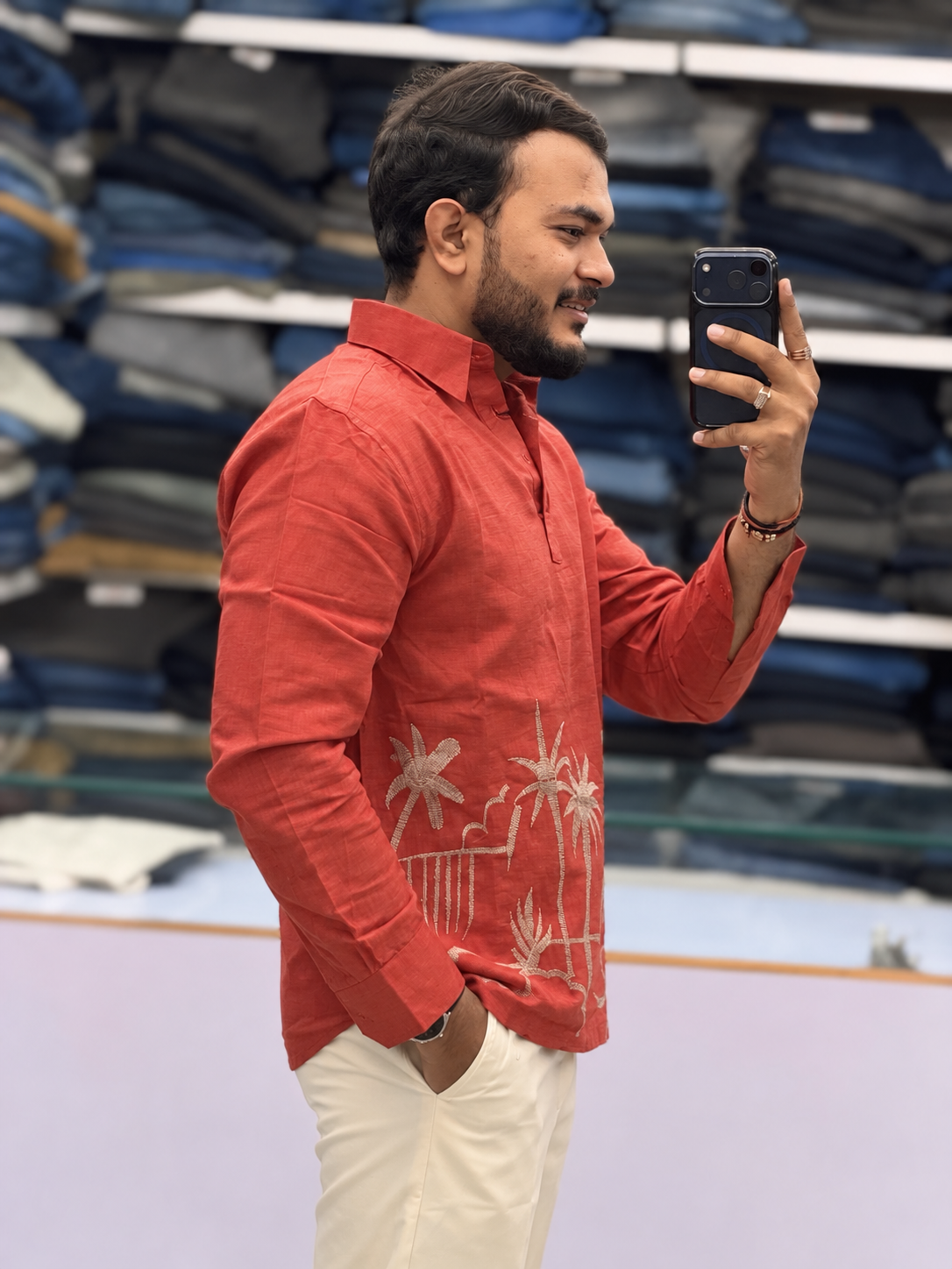 Men’s Coral Orange Tropical Palm Embroidered Kurta Shirt | Modern Resort-Inspired Ethnic Wear