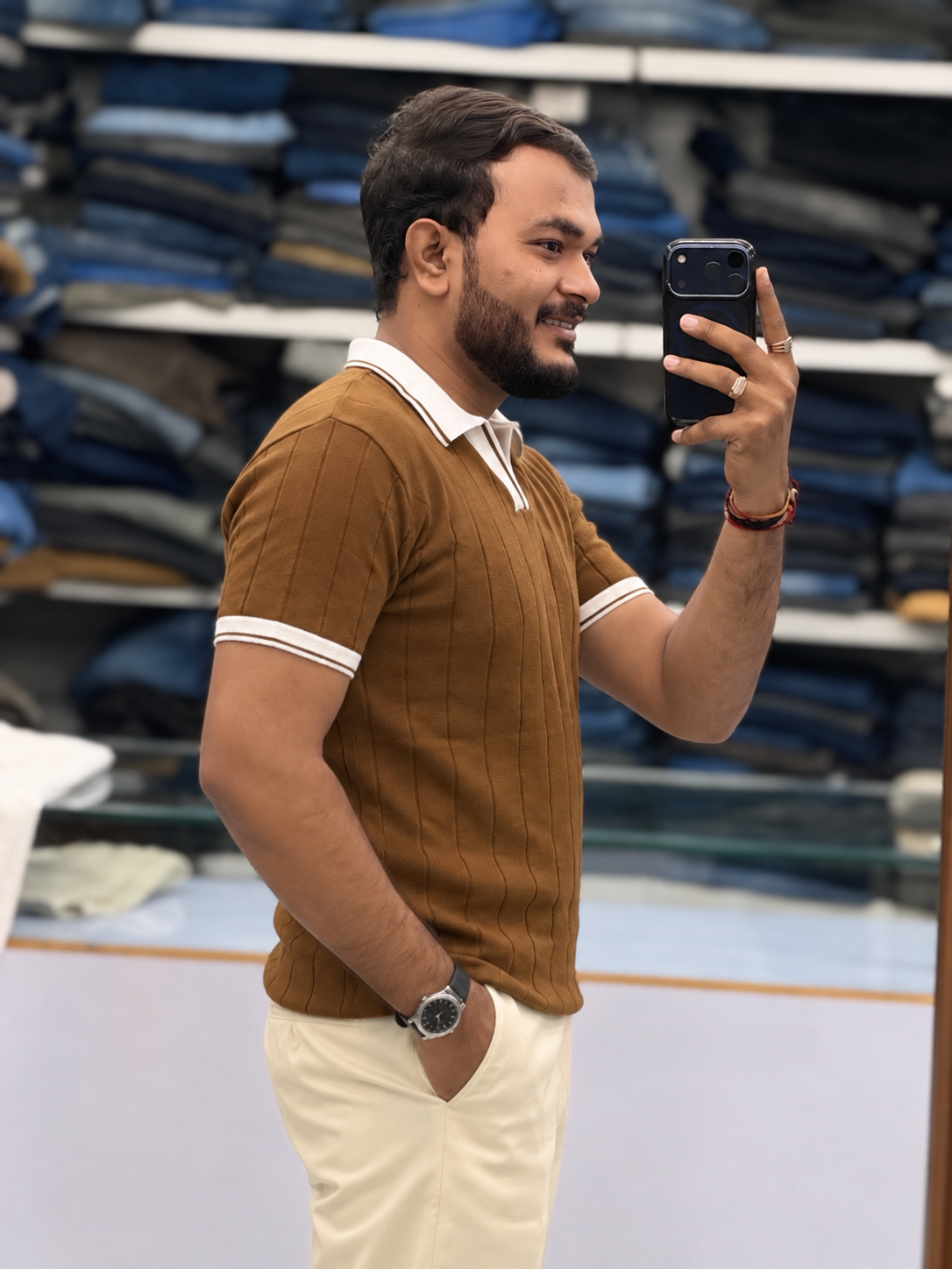 Men's Premium Brown Ribbed Polo T-Shirt with White Contrast Collar and Sleeve Details