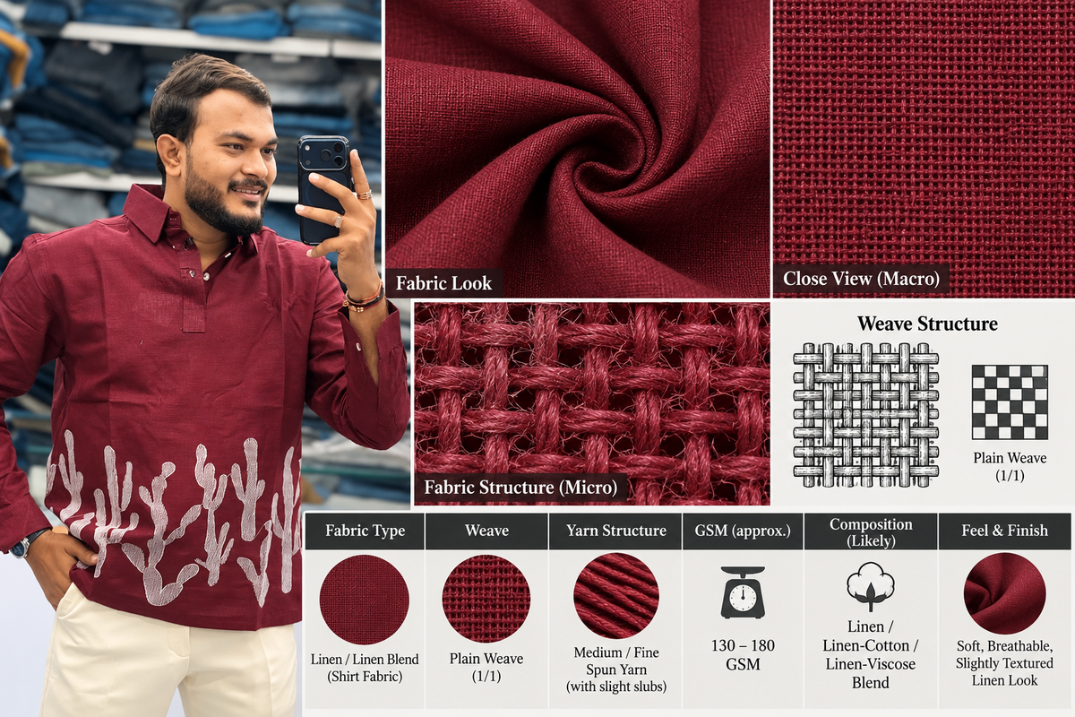 Men’s Wine Maroon Cactus Art Embroidered Kurta | Contemporary Designer Ethnic Shirt