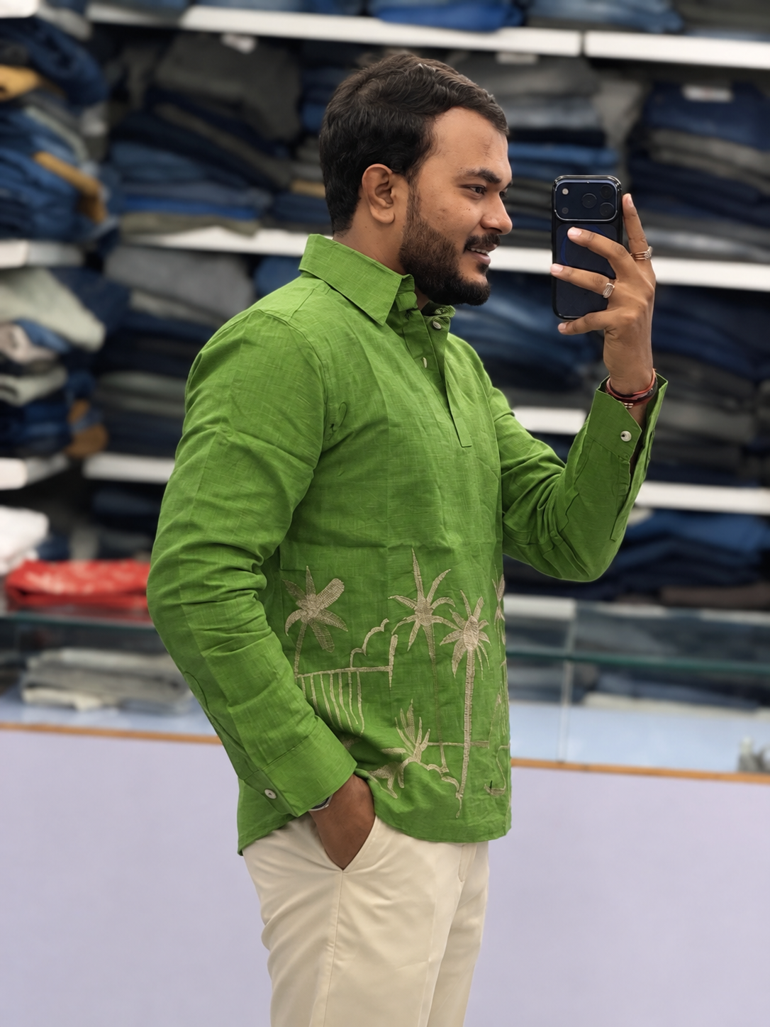 Men’s Leaf Green Tropical Landscape Embroidered Kurta | Contemporary Festive Shirt Style