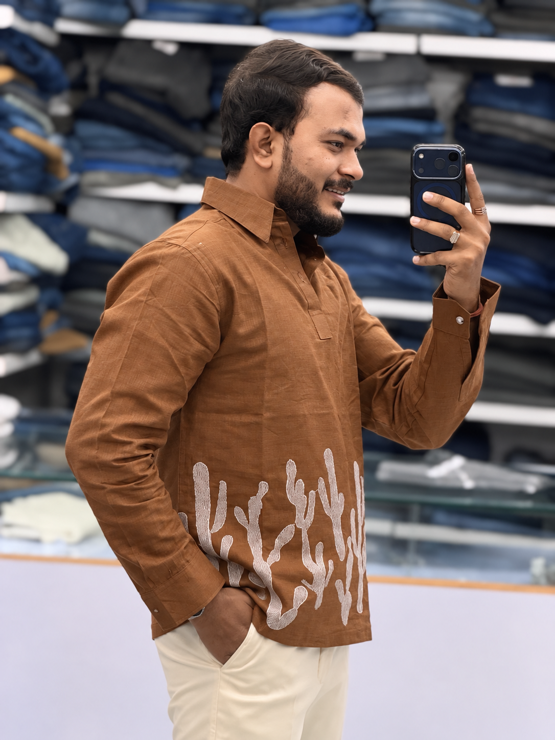 Men’s Mocha Brown Cactus Embroidered Kurta Shirt | Contemporary Statement Ethnic Wear