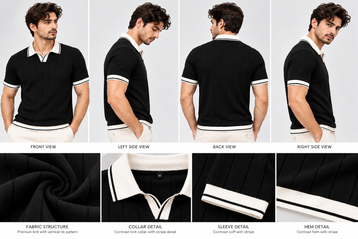 Noir Edge Contrast Trim Textured Polo T-Shirt for Men