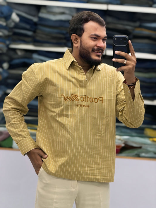 Men's Mustard Yellow Striped Kurta Shirt – Stylish Full Sleeve Ethnic Casual Wear