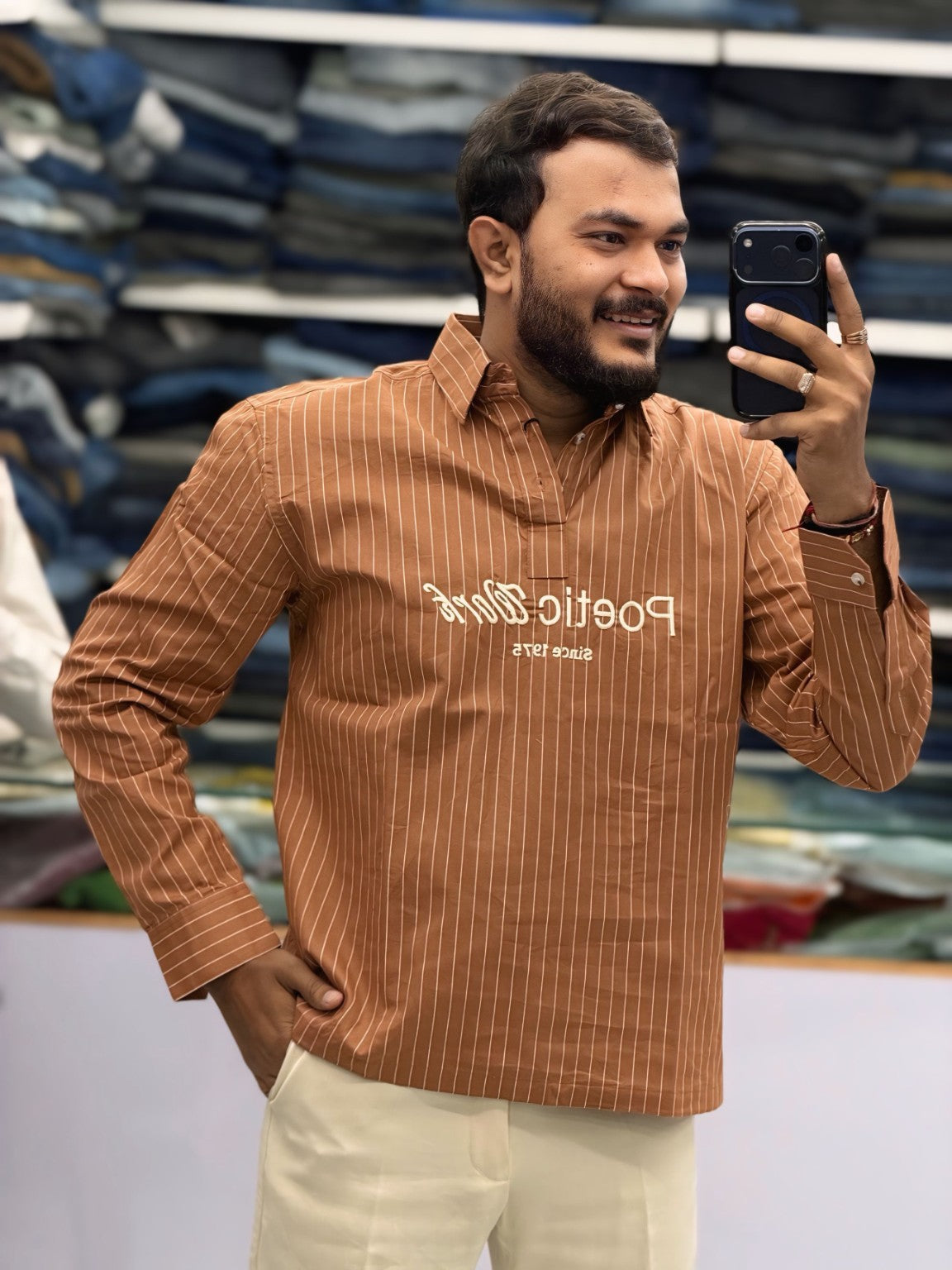 Men's Rust Brown Striped Kurta Shirt – Stylish Full Sleeve Ethnic Casual Wear
