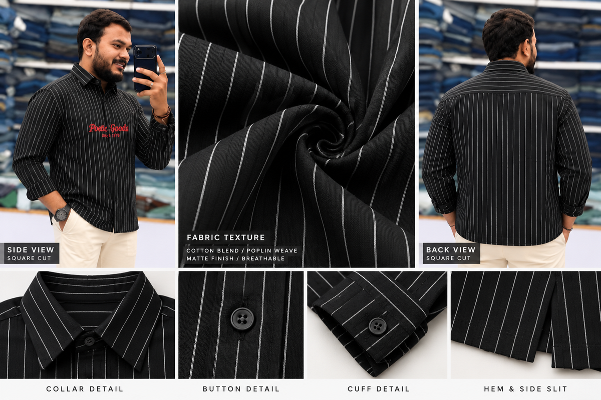 Men's Black Striped Kurta Shirt – Stylish Full Sleeve Ethnic Casual Wear