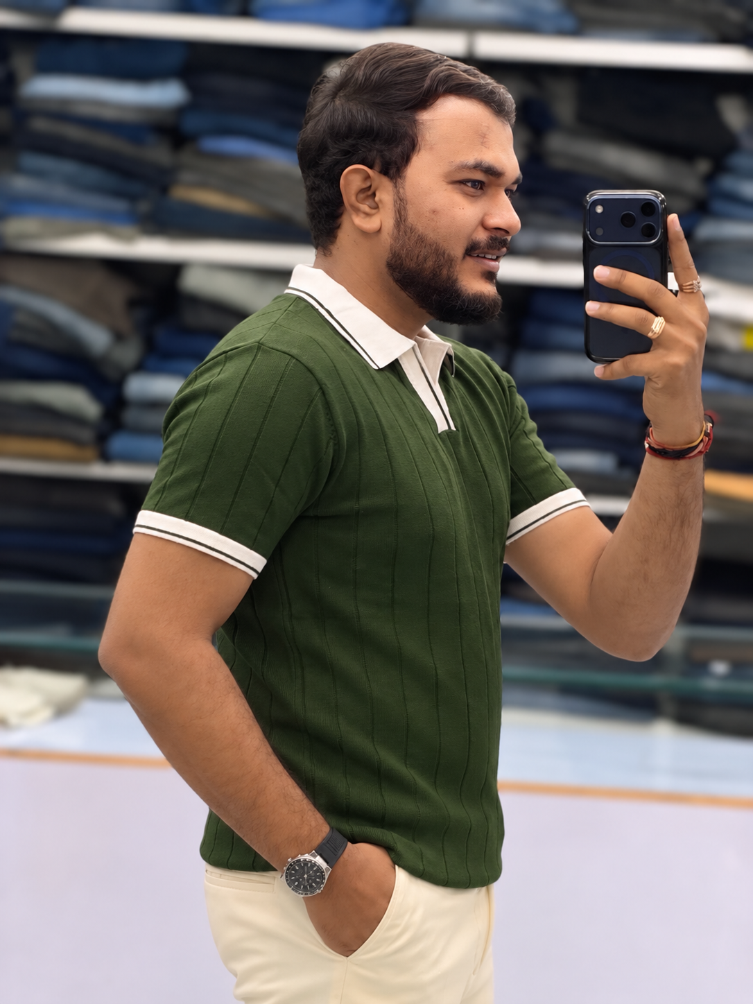 Men's Premium Olive Green Ribbed Polo T-Shirt with White Contrast Collar and Sleeve Details
